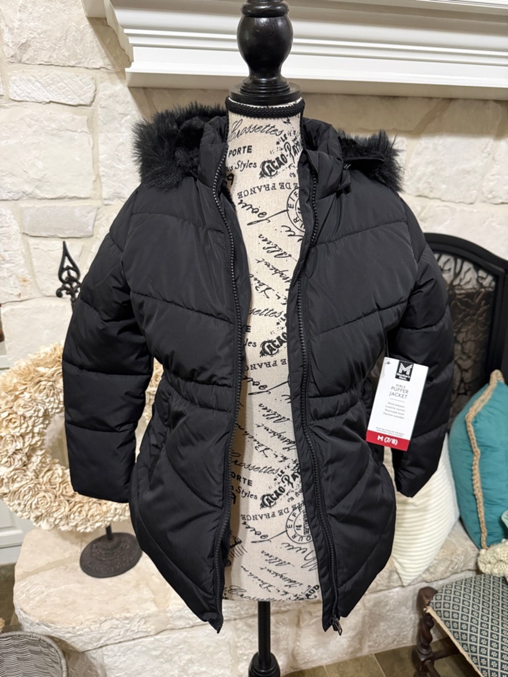 Girls Black Puffer Jacket with Faux Fur Hood